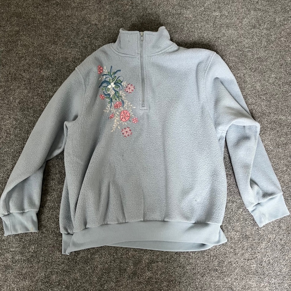 Alfred Dunner Blue Fleece Quarter Zip Pullover Floral Embroidered XL TR-0205